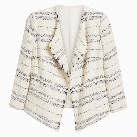 Express NWT Ivory w/Navy Stripes Draped Boucle Blazer Sz M Womens Cozy Cottage - Picture 2 of 9